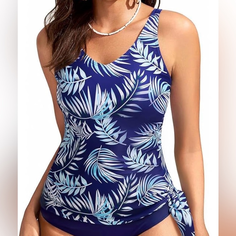 Kate Kasin Tropical Blue Leaf Print Tankini Top